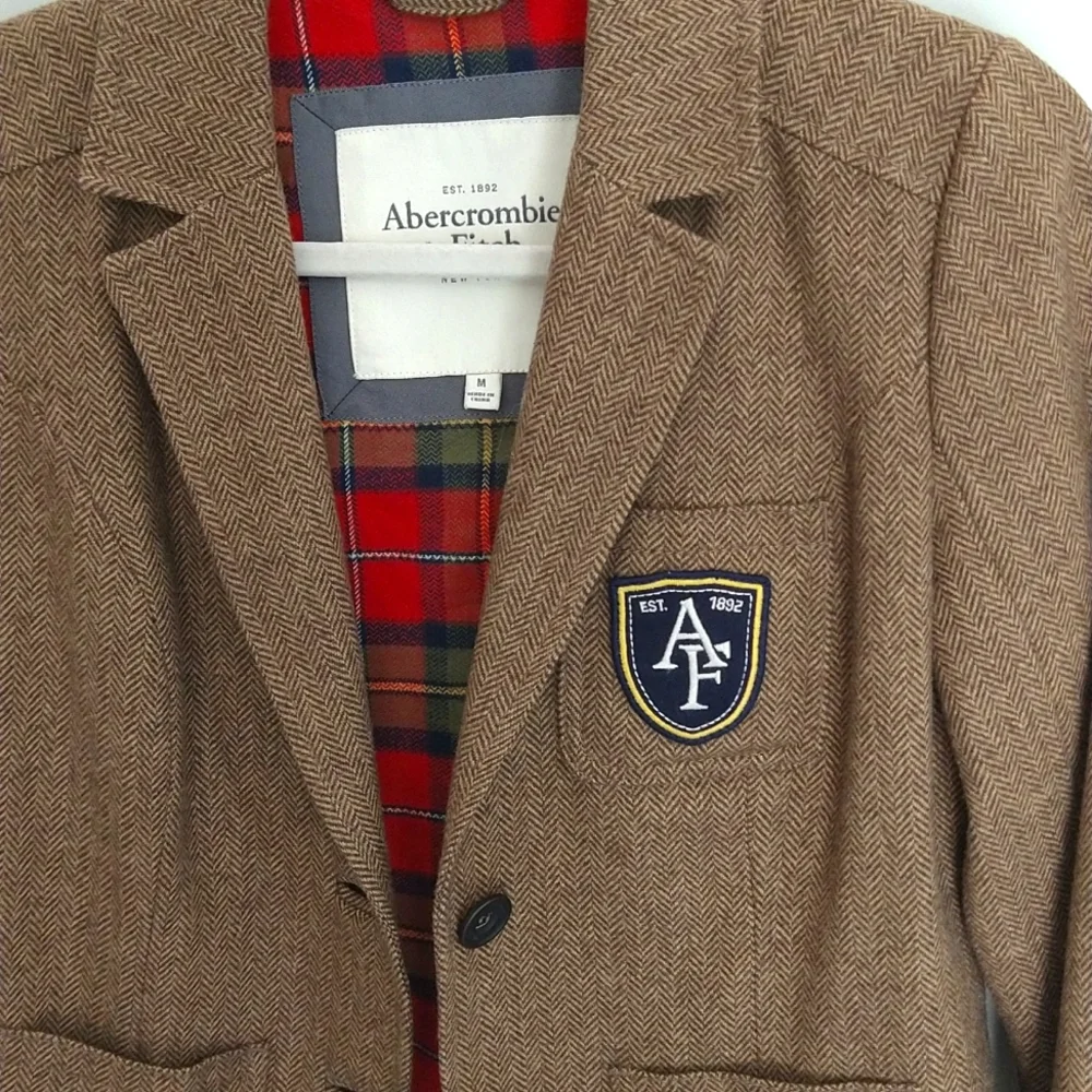 Vintage Brown Abercrombie Emblem Houndstooth Tartan Academia Blazer - Picture 4 of 10